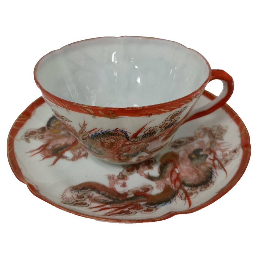 VTG Chinese Chinoiserie Porcelain Dragon Tea Cup & Saucer Gold Accent Marked